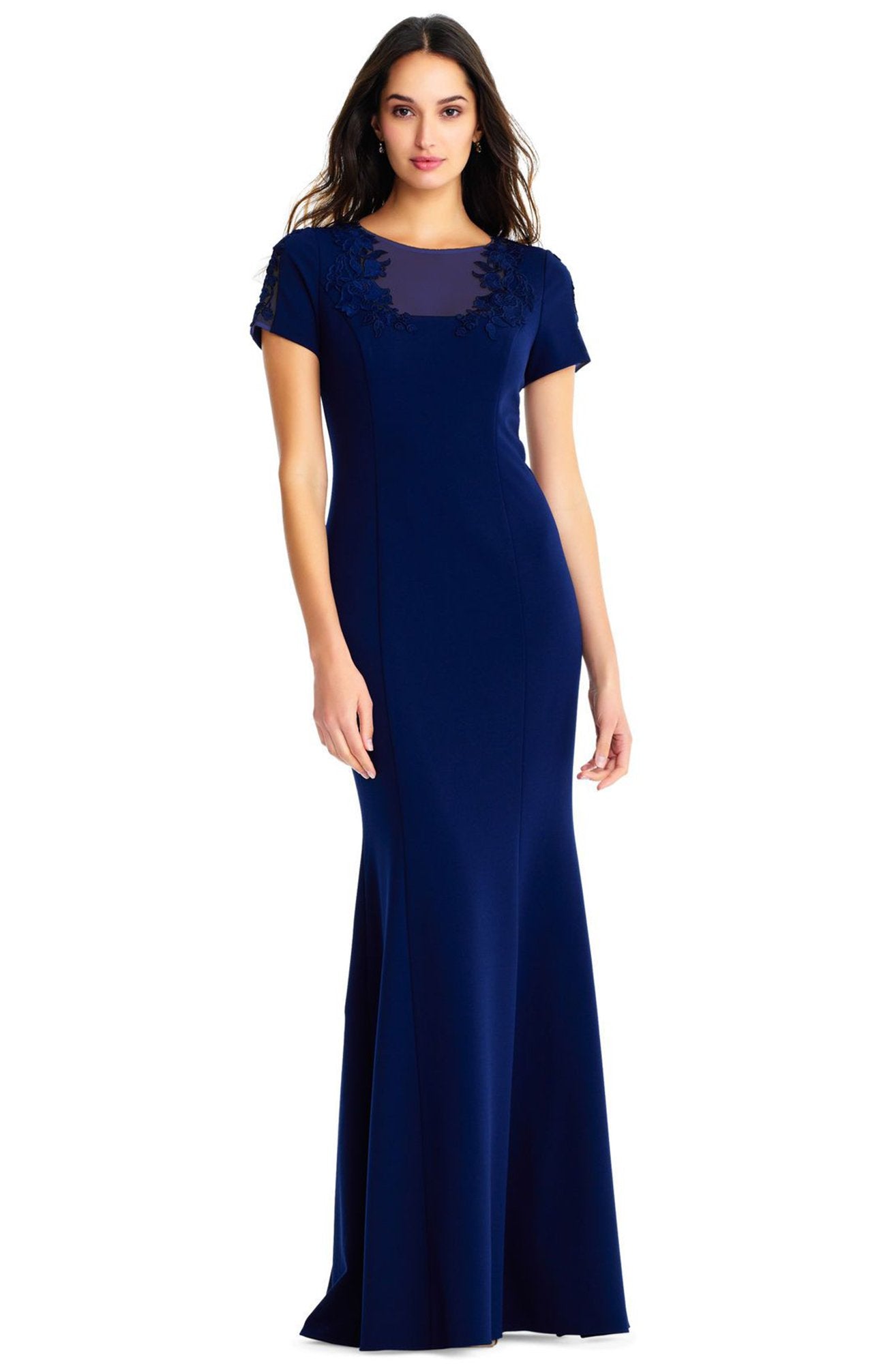 Aidan Mattox Ornate Sheer Neck Flared Hem Crepe Dress MD1E203782SC 0 Navy