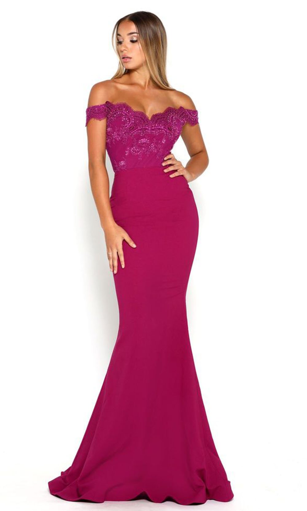 Portia and Scarlett Sienna Long Sheath Dress Lace Bodice Open Back Back Split With Lace Panel Concealed Back Zipper ADASA