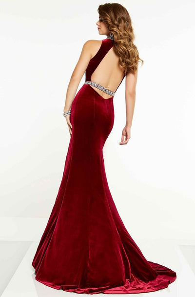 Panoply - 14860 Keyhole Cutout Bejeweled Choker Velvet Gown In Red
