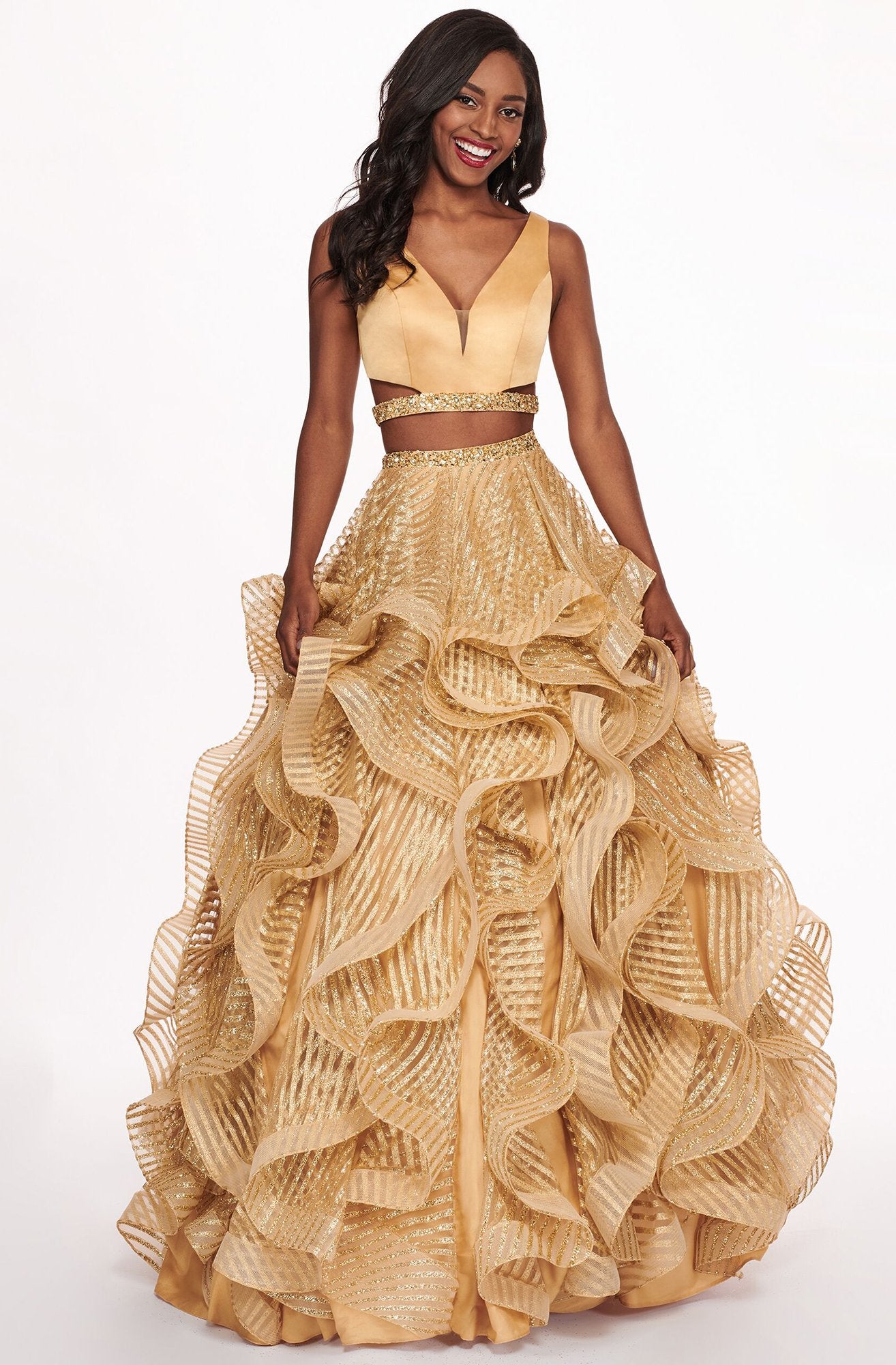 Rachel Allan 6427 - Long Matte Satin/Glitter Tulle Ballgown - Two piece, Sleeveless, Crop top, Plunging neckline, Sheer inset, Cutouts, Ruffled ballgown skirt, Beading ADASA Rachel Allan 6427 - Long Matte Satin/Glitter Tulle Ballgown - Two piece, Sleeveless, Crop top, Plunging neckline, Sheer inset, Cutouts, Ruffled ballgown skirt, Beading ADASA