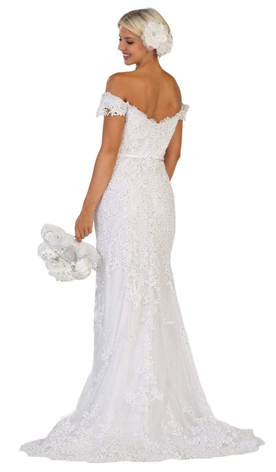 May Queen - RQ7691 Embellished Off-Shoulder Trumpet Dress In White