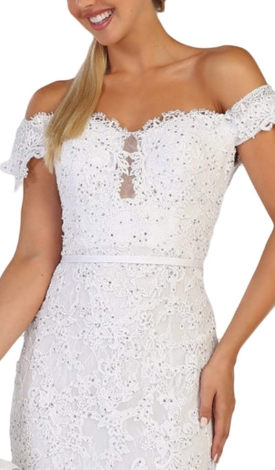 May Queen - RQ7691 Embellished Off-Shoulder Trumpet Dress In White