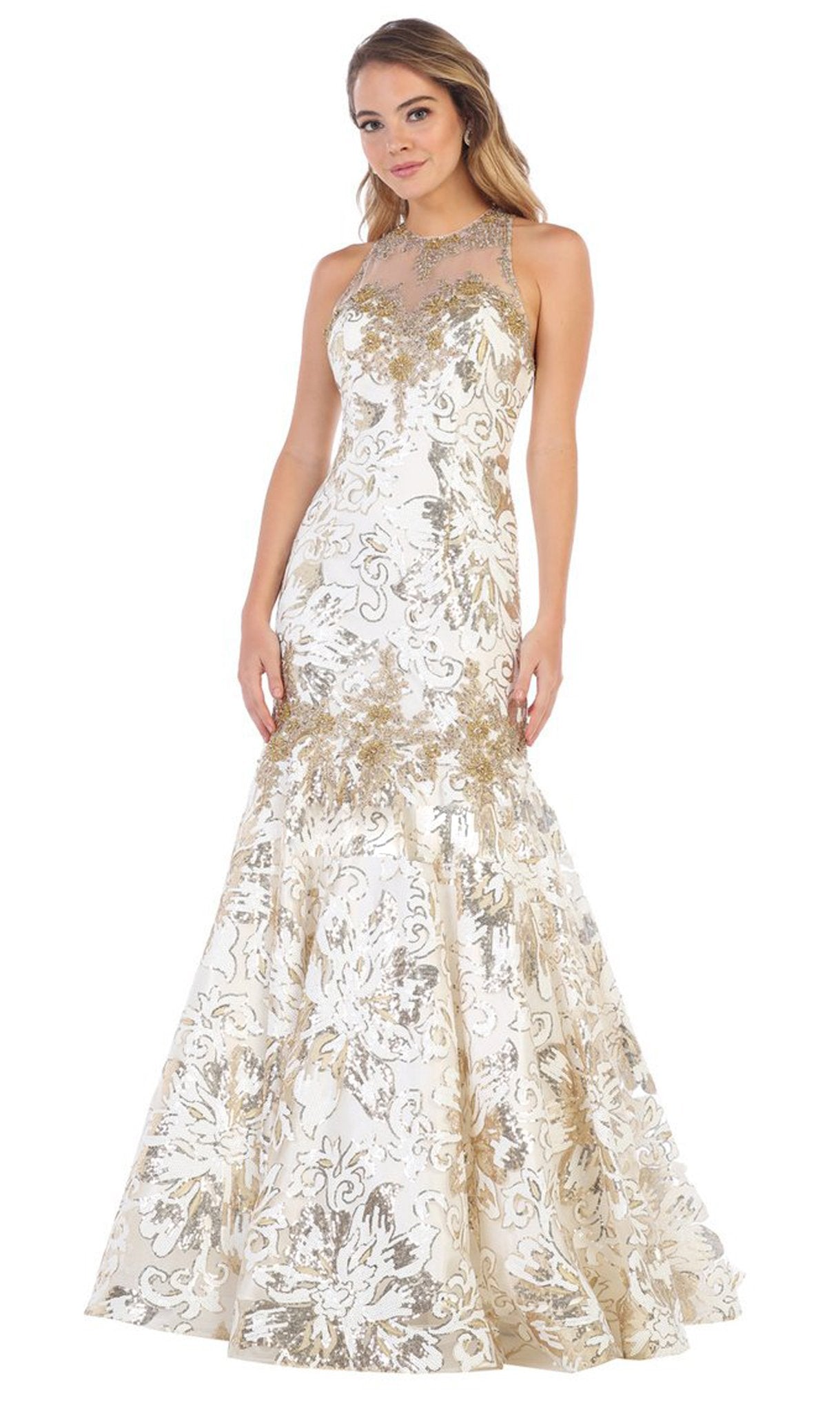 May Queen - RQ7698 Sequin Embroidered Halter Gown In White and Gold