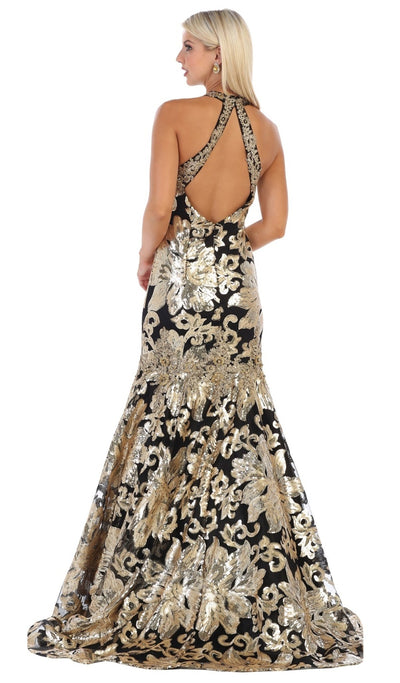 May Queen - RQ7698 Sequin Embroidered Halter Gown In Black and Gold