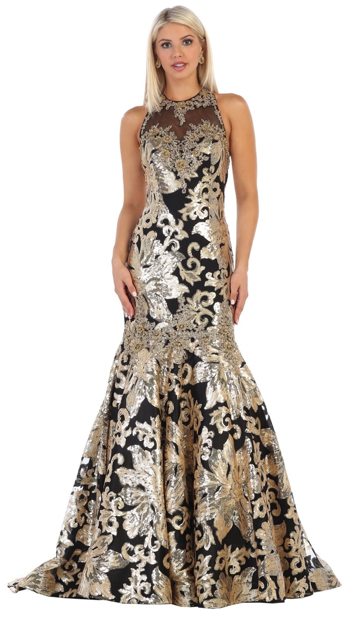 May Queen - RQ7698 Sequin Embroidered Halter Gown In Black and Gold