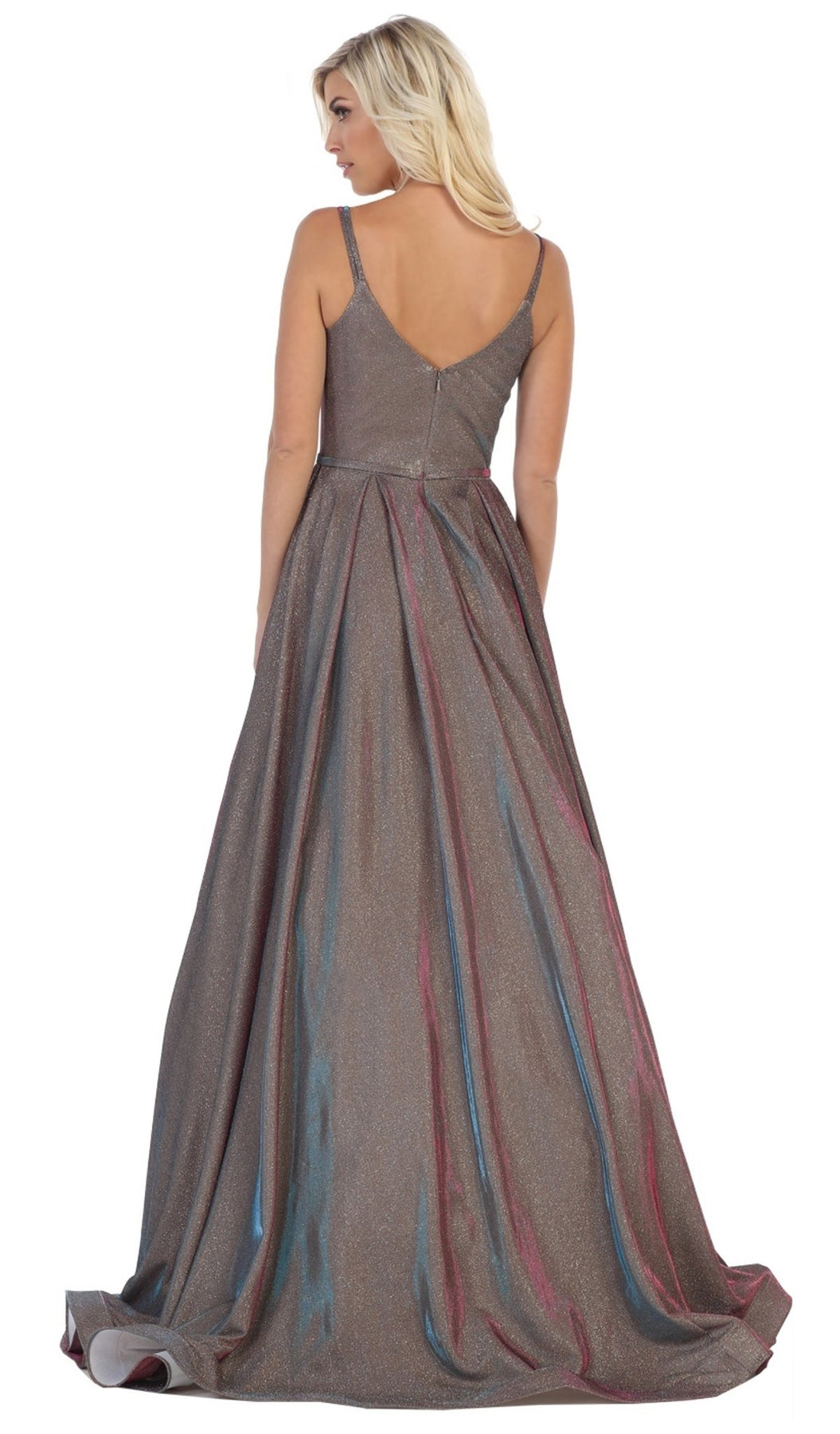 May Queen - RQ7726 Scoop Pleated A-Line Evening Gown In Gray and Multi-Color
