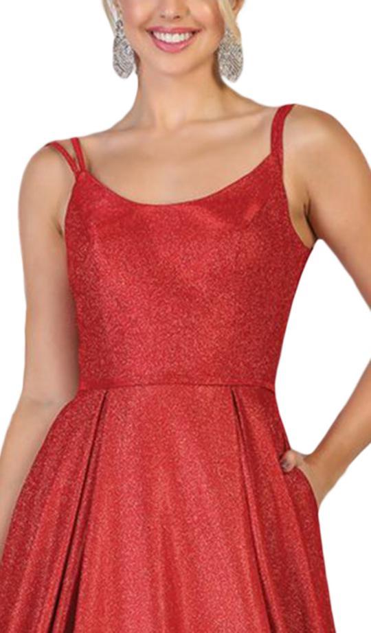 May Queen - RQ7726 Scoop Pleated A-Line Evening Gown In Red and Multi-Color