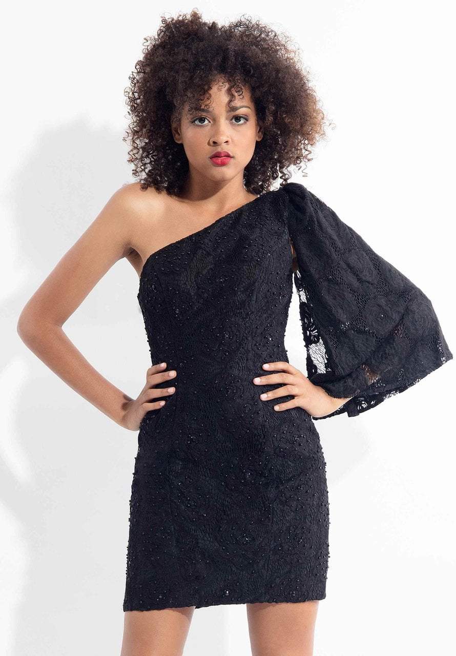 Rachel Allan LBD - L1136 Angel Sleeve Asymmetrical Lace Cocktail Dress in Black