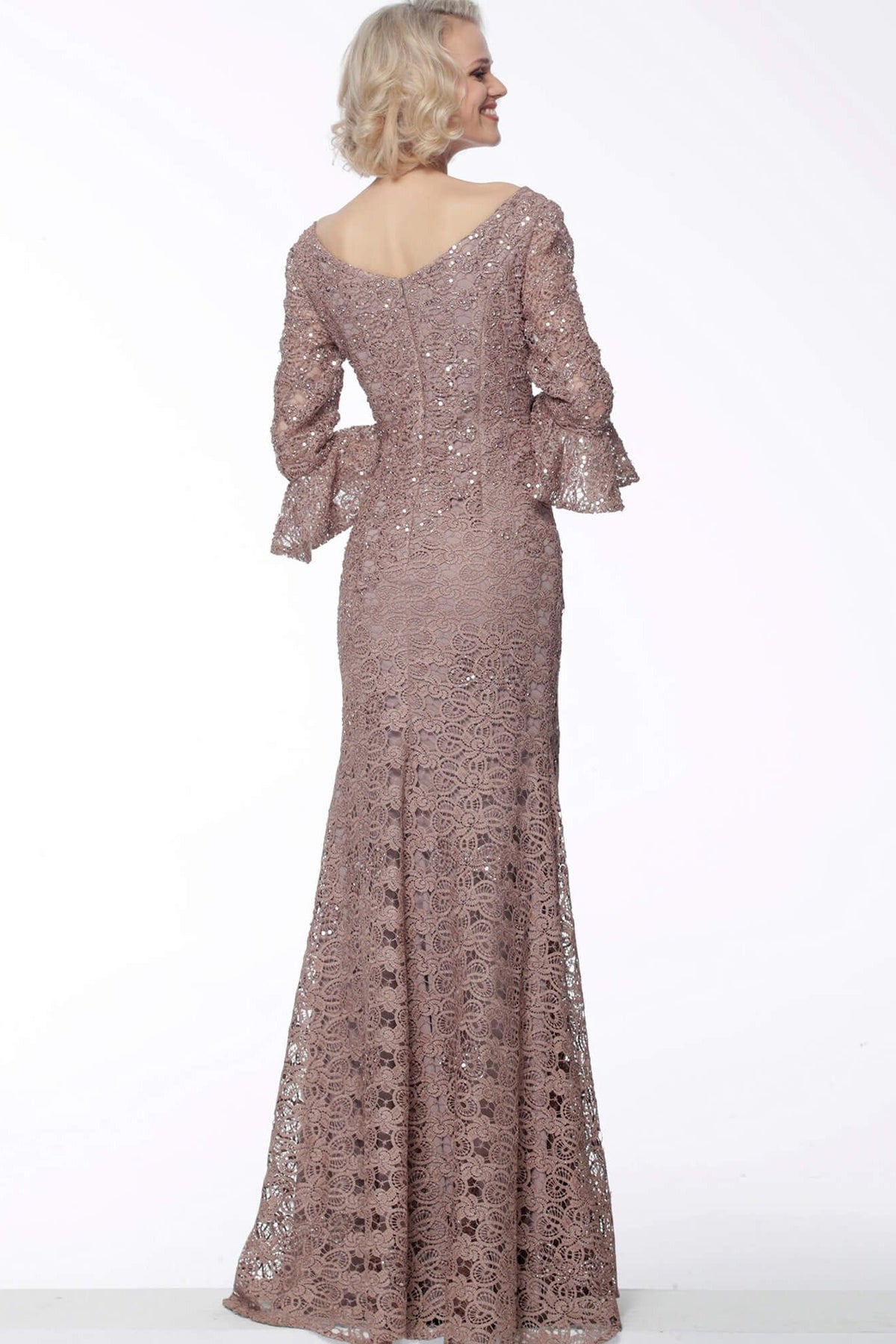 Jovani - 65540 Embroidered Boat Neck Long Dress In Brown and Neutral