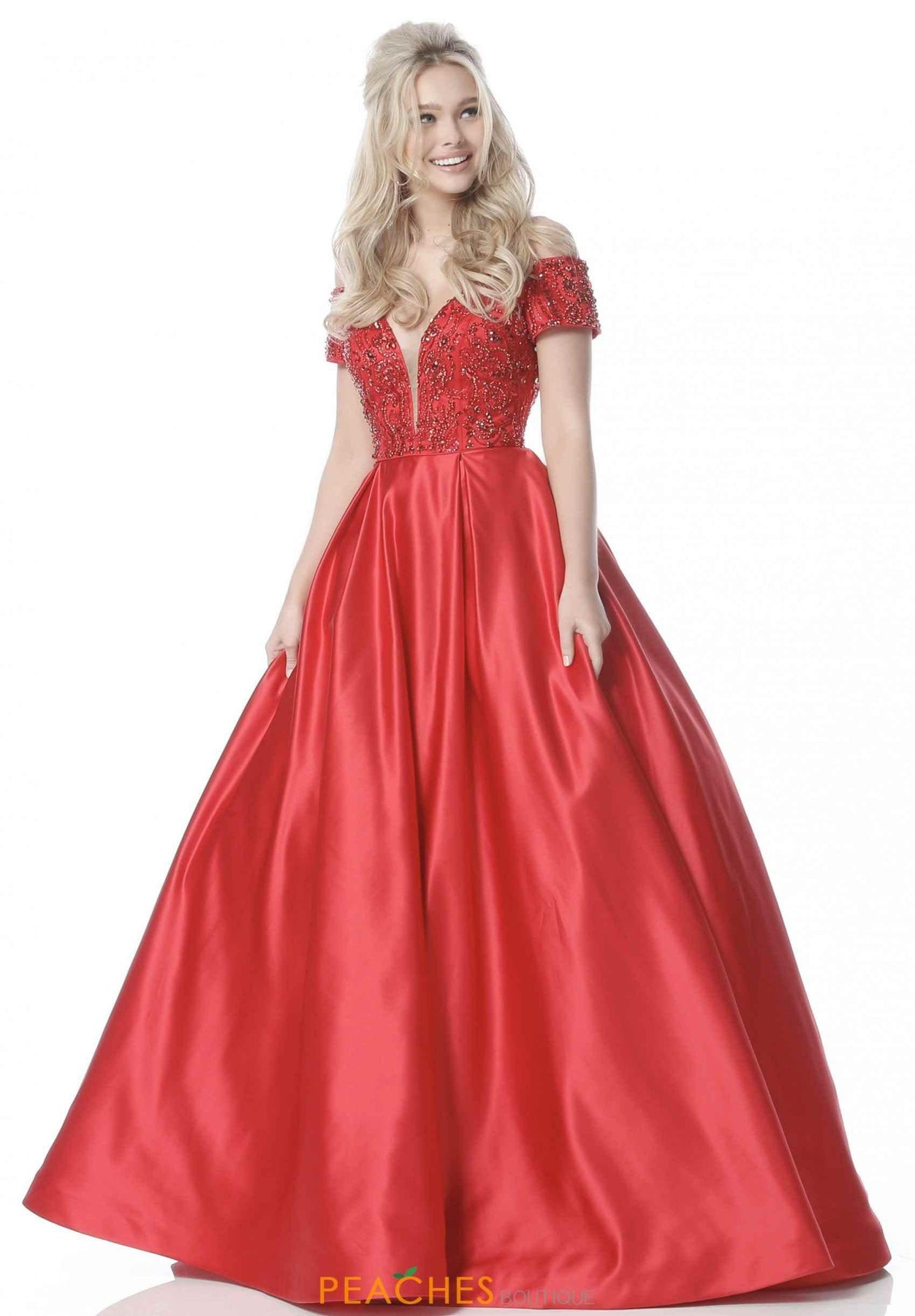 Sherri Hill - Off Shoulder Cap Sleeve Beaded Dress 51611SC In Red