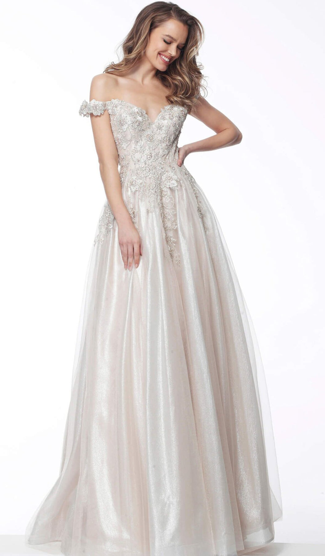 Jovani - 60698 Embroidered Plunging Off-Shoulder Ballgown In Neutral