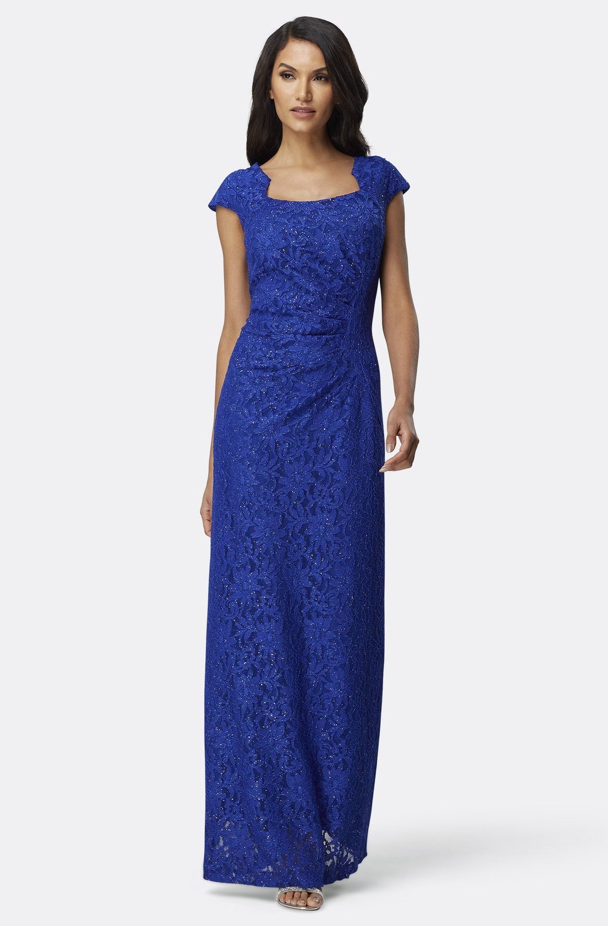 Tahari Asl - TLMU9KE506 Embellished Lace Square Neck Sheath Dress In Blue