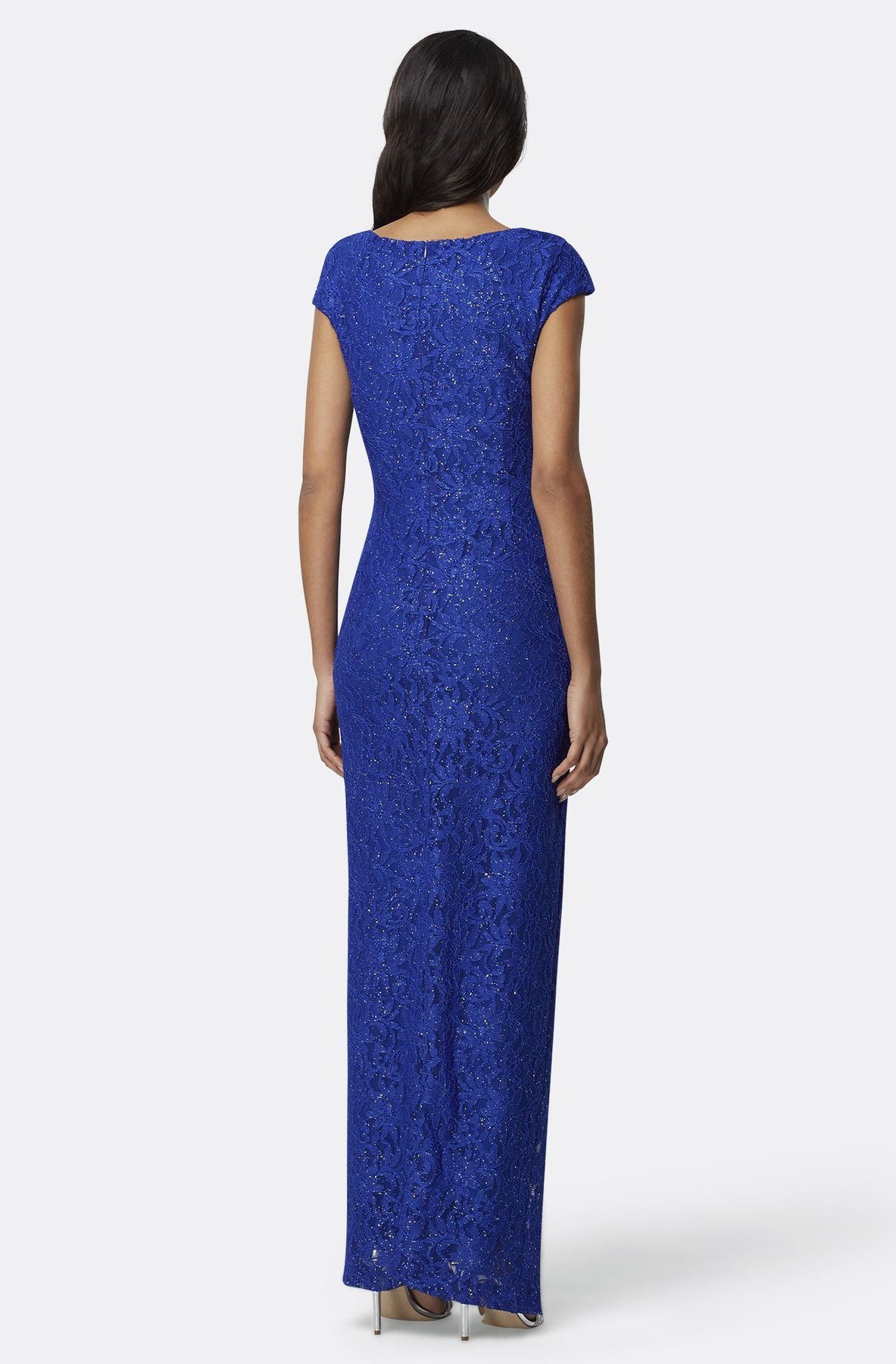 Tahari Asl - TLMU9KE506 Embellished Lace Square Neck Sheath Dress In Blue