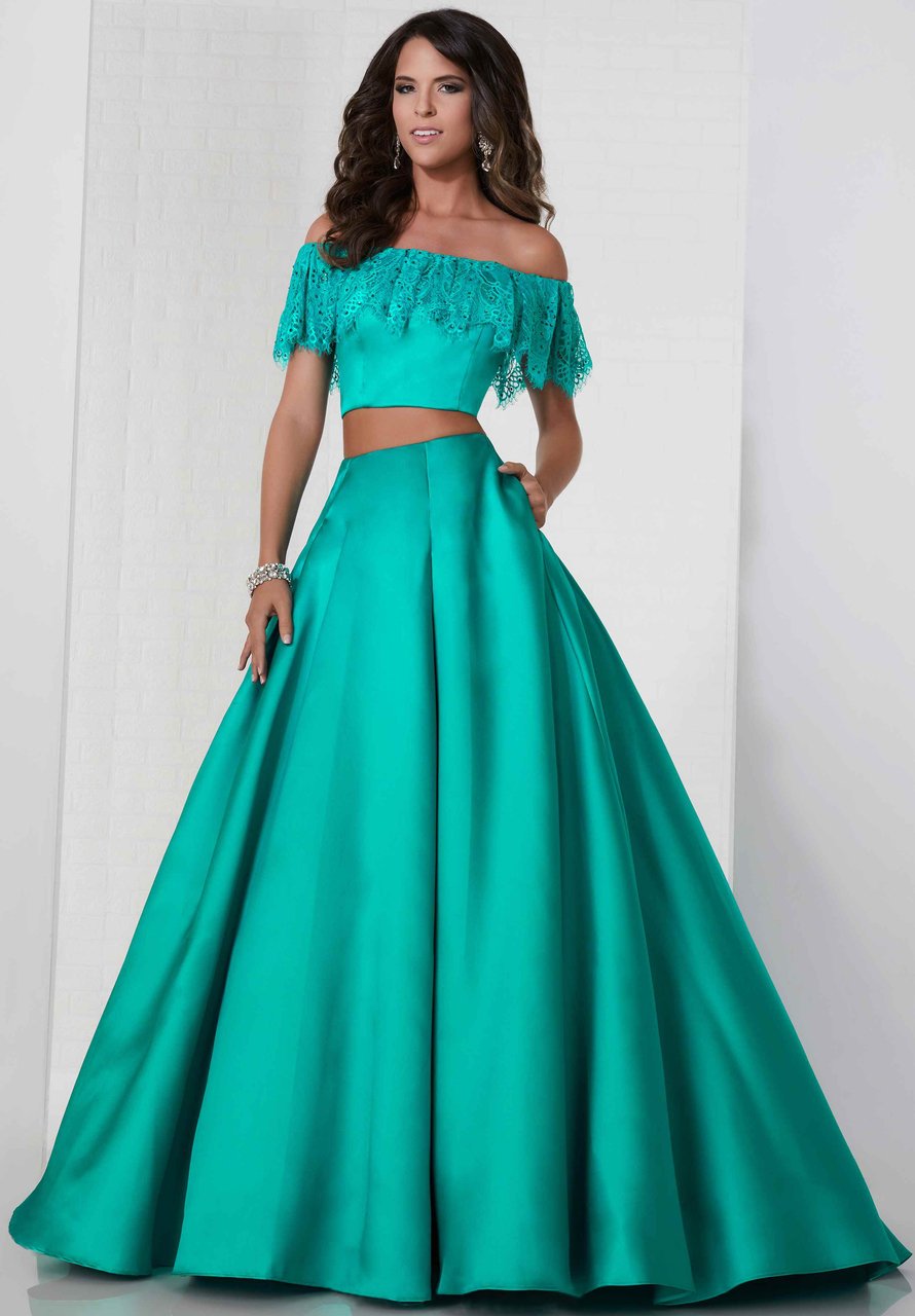Tiffany Designs 46134 - Long Lace/Mikado Ballgown - Two-piece, Off-shoulder crop top, Pleated skirt, Inseam pockets, Back zipper closure, Sweep train ADASA Tiffany Designs 46134 - Long Lace/Mikado Ballgown - Two-piece, Off-shoulder crop top, Pleated skirt, Inseam pockets, Back zipper closure, Sweep train ADASA