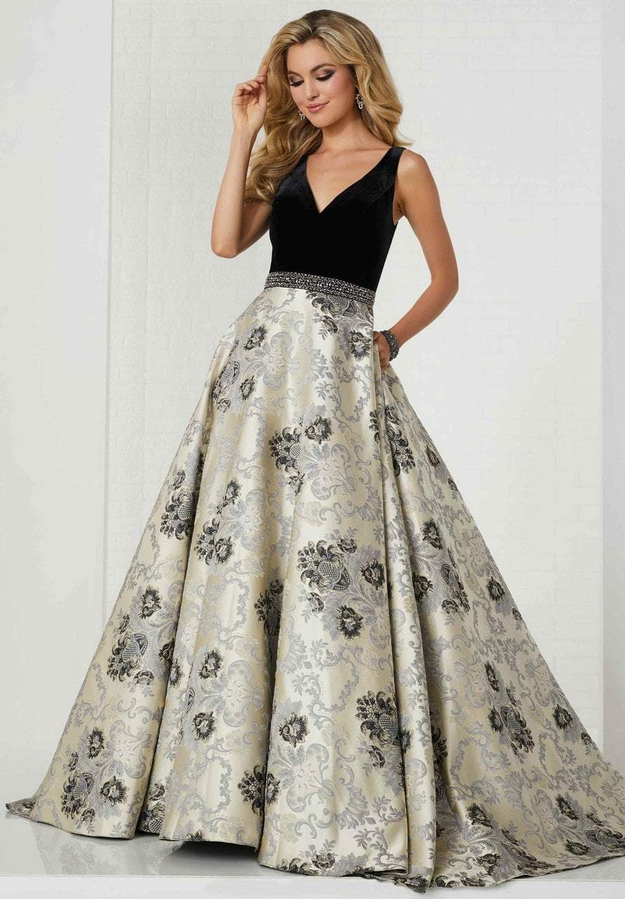 Tiffany Designs - 46143 Velvet V-neck Printed Brocade Ballgown Special Occasion Dress