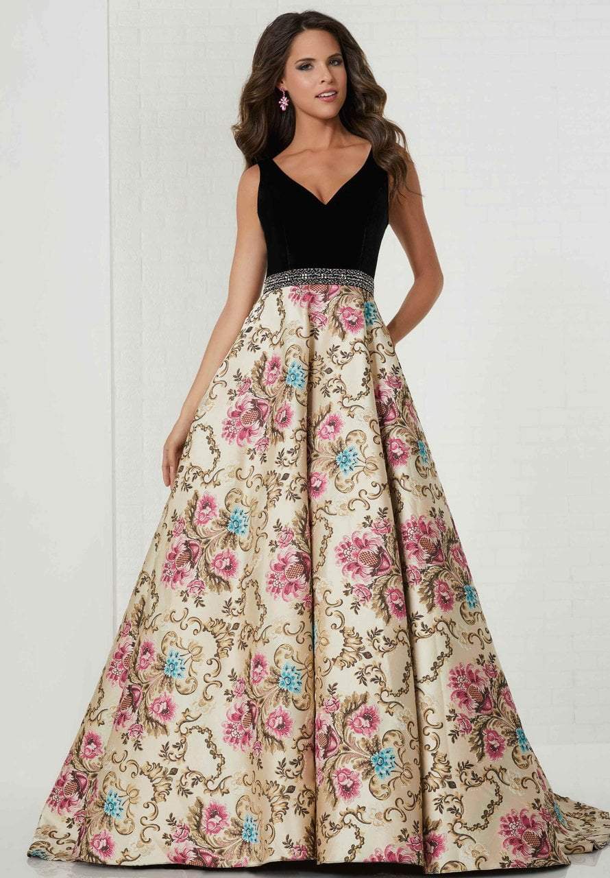 Tiffany Designs - 46143 Velvet V-neck Printed Brocade Ballgown Special Occasion Dress