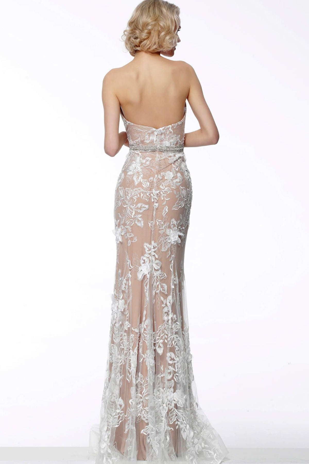 Jovani - 64031 Embroidered Strapless Deep Sweetheart Sheath Dress In White and Neutral