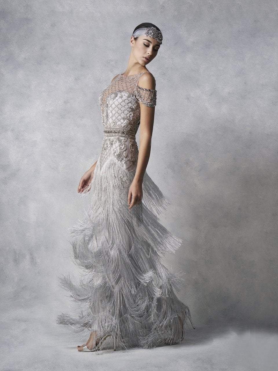 Janique - Lattice Beaded Illusion Bateau Fringe Gown W1683 In Silver and Gray