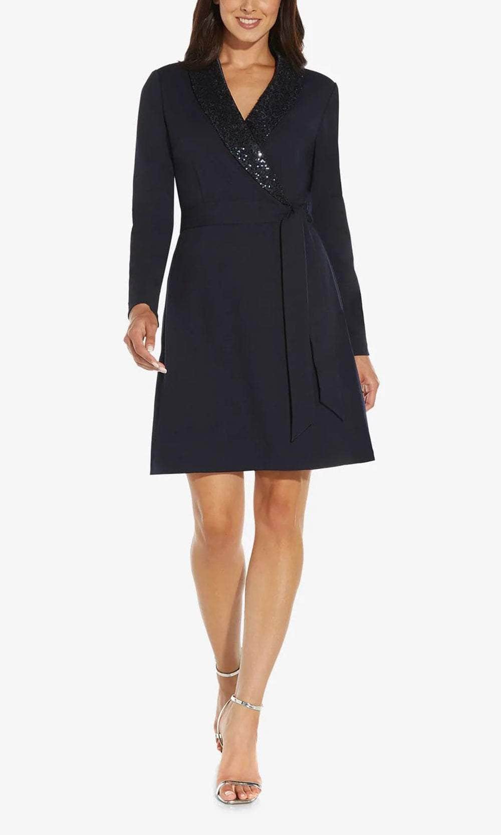 Adrianna Papell AP1D104563 - Short Crepe A-Line Dress - Sequin Shawl Lapel, Surplice V- Neckline, Long Sleeve, Back Zipper, Short Dress ADASA Adrianna Papell AP1D104563 - Short Crepe A-Line Dress - Sequin Shawl Lapel, Surplice V- Neckline, Long Sleeve, Back Zipper, Short Dress ADASA