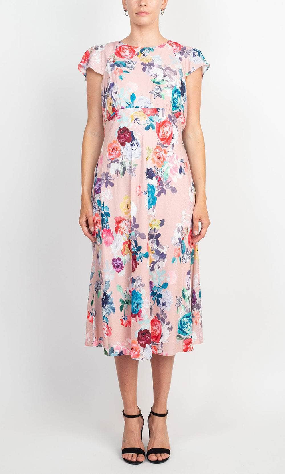 Adrianna Papell AP1D104619 - Tea-Length Polyester A-Line Dress - Short Flutter Sleeve, Floral Print, Pleated, V-Back, Back Zipper ADASA Adrianna Papell AP1D104619 - Tea-Length Polyester A-Line Dress - Short Flutter Sleeve, Floral Print, Pleated, V-Back, Back Zipper ADASA