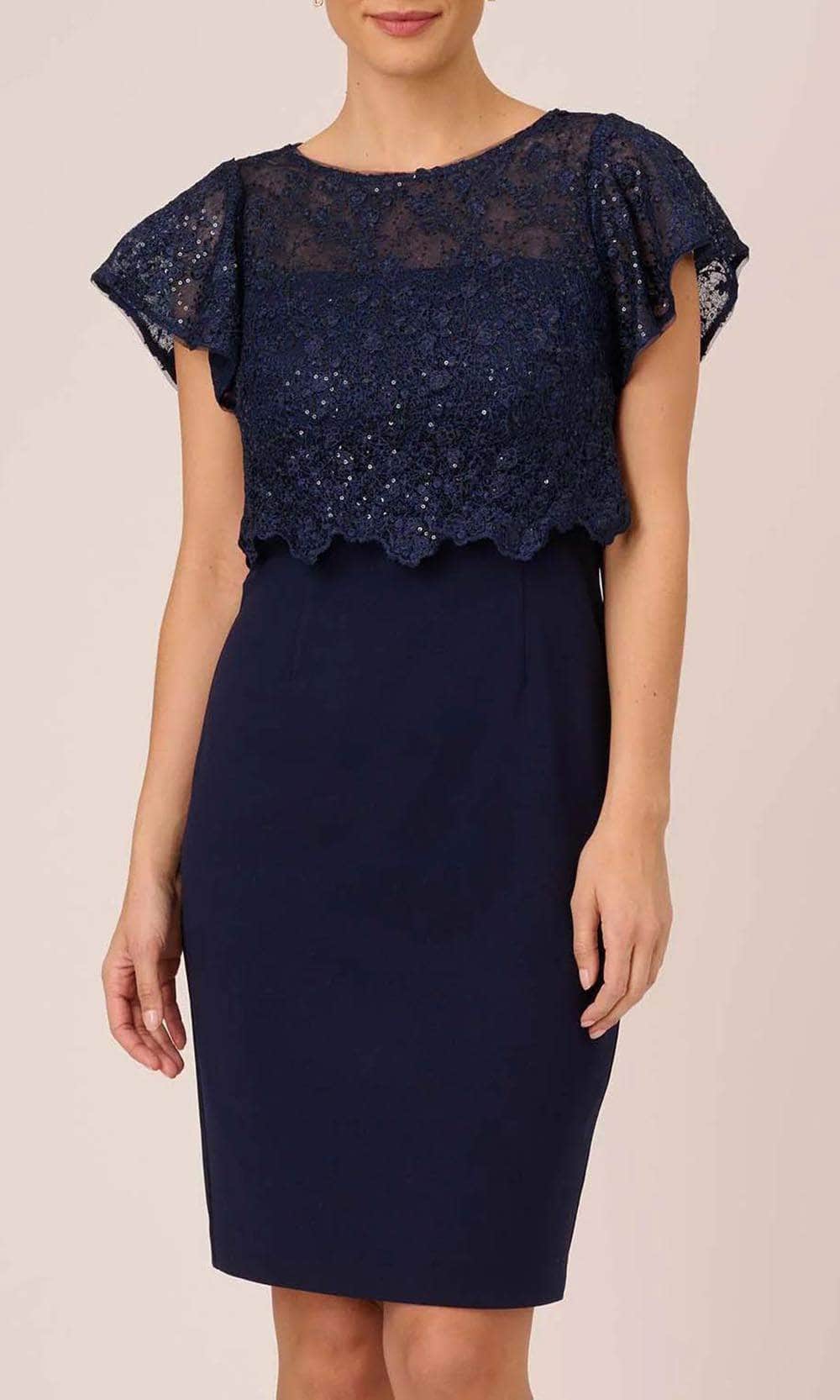 Adrianna Papell AP1D104957 - Knee-Length Crepe Sheath Dress - Flutter Sleeves, Beaded, Lace Bodice, Blouson Style, Sheer Full Back, Concealed Zipper Closure, Knee Length Hem ADASA Adrianna Papell AP1D104957 - Knee-Length Crepe Sheath Dress - Flutter Sleeves, Beaded, Lace Bodice, Blouson Style, Sheer Full Back, Concealed Zipper Closure, Knee Length Hem ADASA