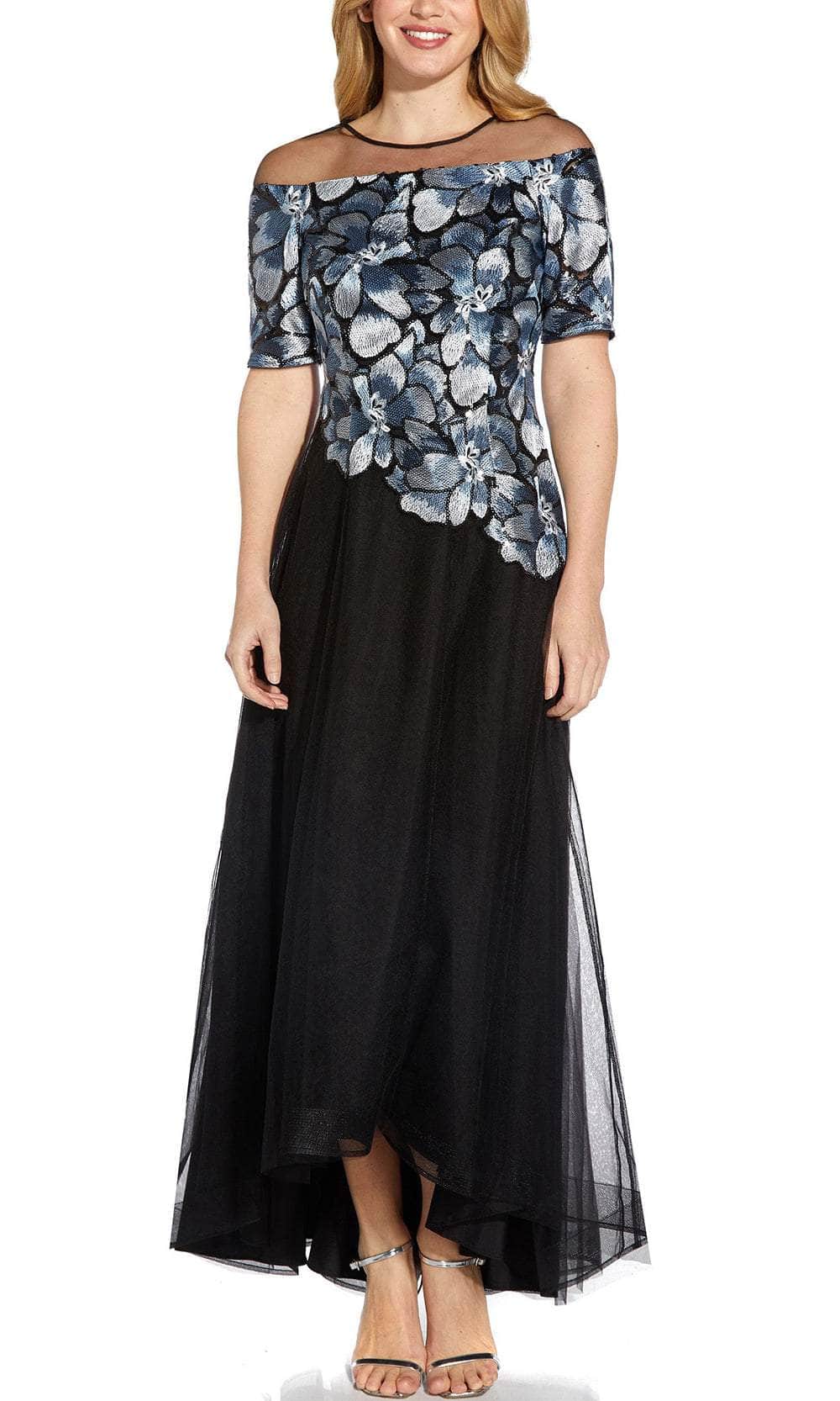 Adrianna Papell AP1E208899 - High-Low Mesh A-Line Dress - Short Sleeve, Illusion Bodice, Embroidered, Sequin, Full Back, Back Zipper, Horsehair Hem ADASA Adrianna Papell AP1E208899 - High-Low Mesh A-Line Dress - Short Sleeve, Illusion Bodice, Embroidered, Sequin, Full Back, Back Zipper, Horsehair Hem ADASA