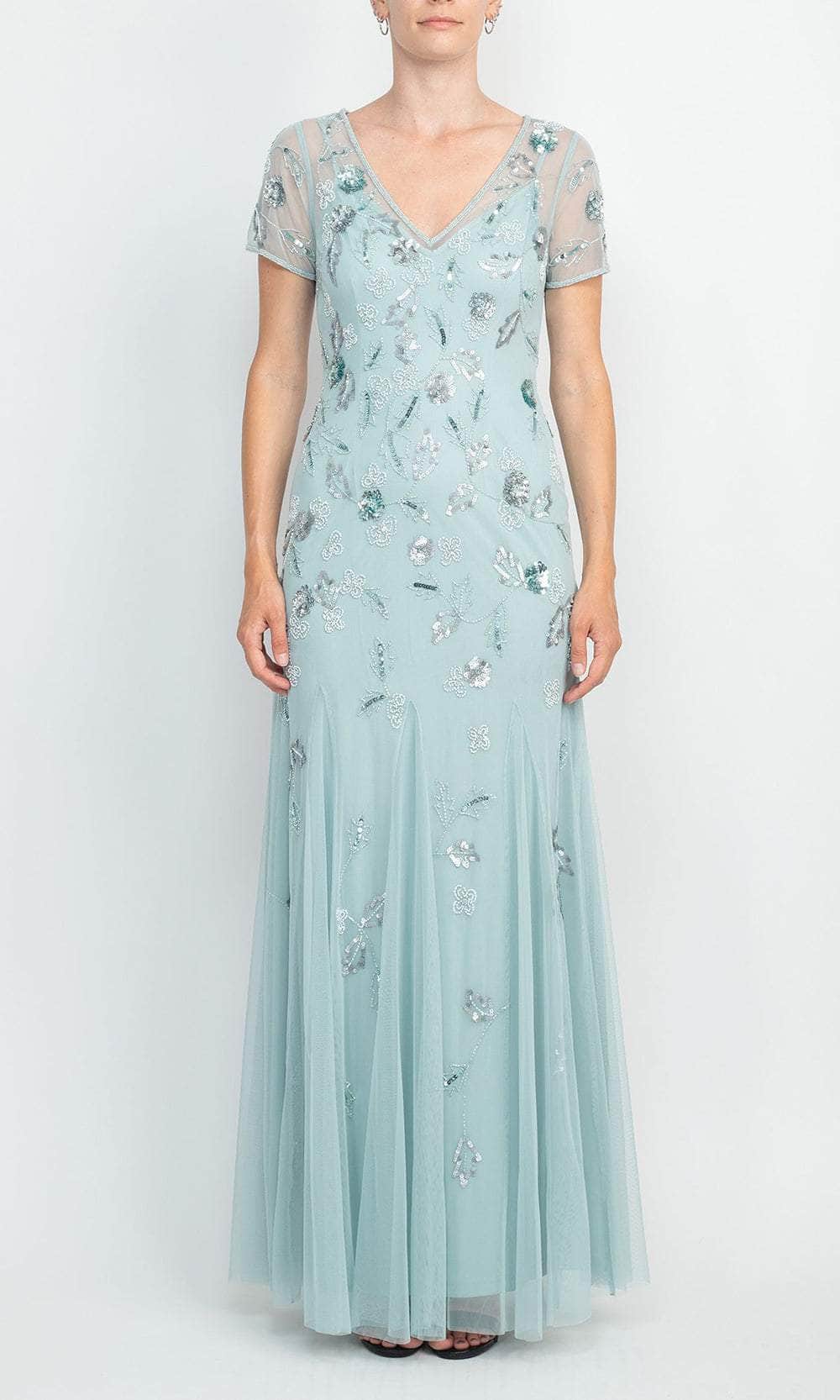 Adrianna Papell AP1E209044 - Long Mesh Mermaid Dress - Short Sleeve, Beaded, Sequin, Pleated Godets, Full Back, Zipper Closure ADASA Adrianna Papell AP1E209044 - Long Mesh Mermaid Dress - Short Sleeve, Beaded, Sequin, Pleated Godets, Full Back, Zipper Closure ADASA