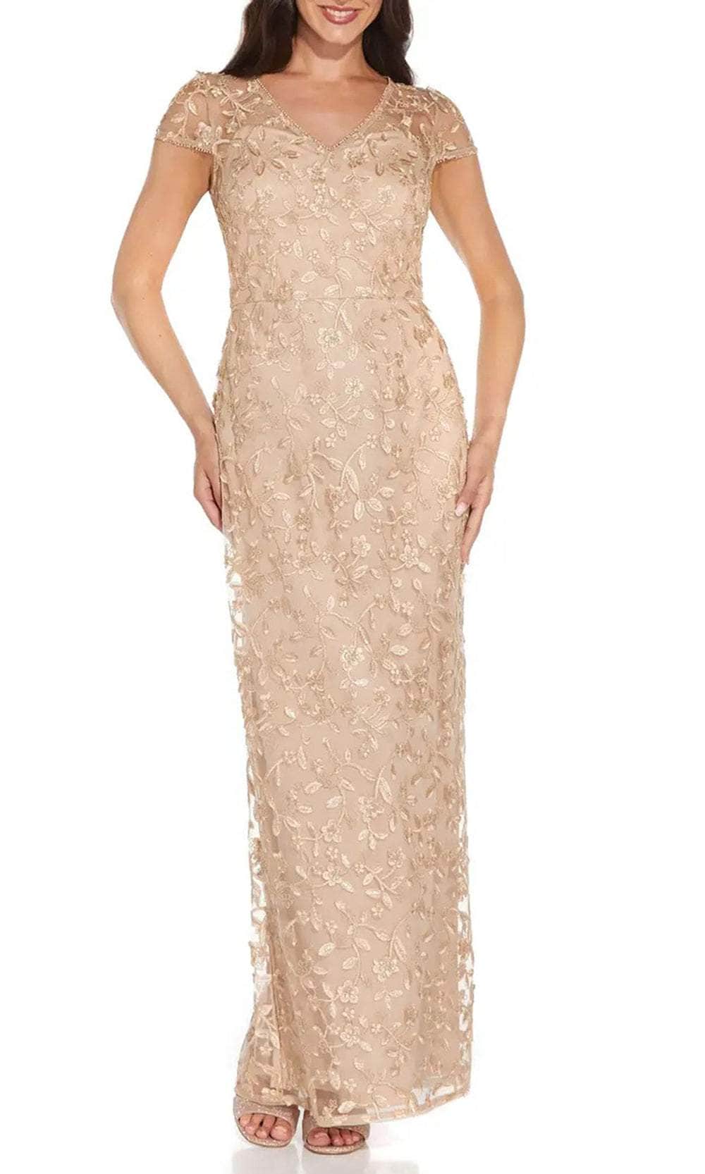 Adrianna Papell AP1E209204 - Long Mesh Sheath Dress - Cap Sleeve, Floral Embroidery, Beaded, Sheer Bodice, Full Back, Zipper Closure, High Slit ADASA Adrianna Papell AP1E209204 - Long Mesh Sheath Dress - Cap Sleeve, Floral Embroidery, Beaded, Sheer Bodice, Full Back, Zipper Closure, High Slit ADASA