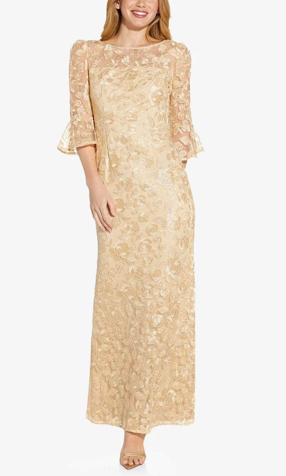 Adrianna Papell AP1E209481 - Long Shell Sheath Dress - Quarter Bell Sleeve, Corded Embroidery, Back Zipper, Fitted ADASA Adrianna Papell AP1E209481 - Long Shell Sheath Dress - Quarter Bell Sleeve, Corded Embroidery, Back Zipper, Fitted ADASA