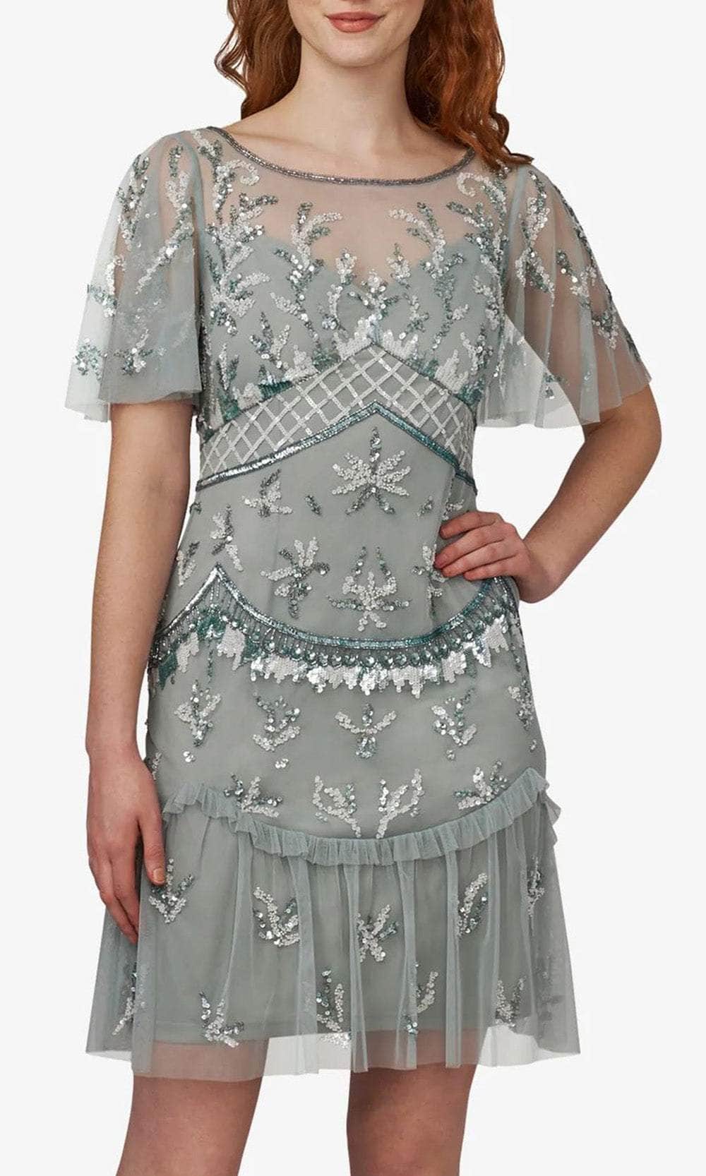 Adrianna Papell AP1E209503 - Short Mesh Column Dress - Flutter Sleeve, Sheer Yoke, Beaded, V Back, Zipper Back, Lined ADASA Adrianna Papell AP1E209503 - Short Mesh Column Dress - Flutter Sleeve, Sheer Yoke, Beaded, V Back, Zipper Back, Lined ADASA