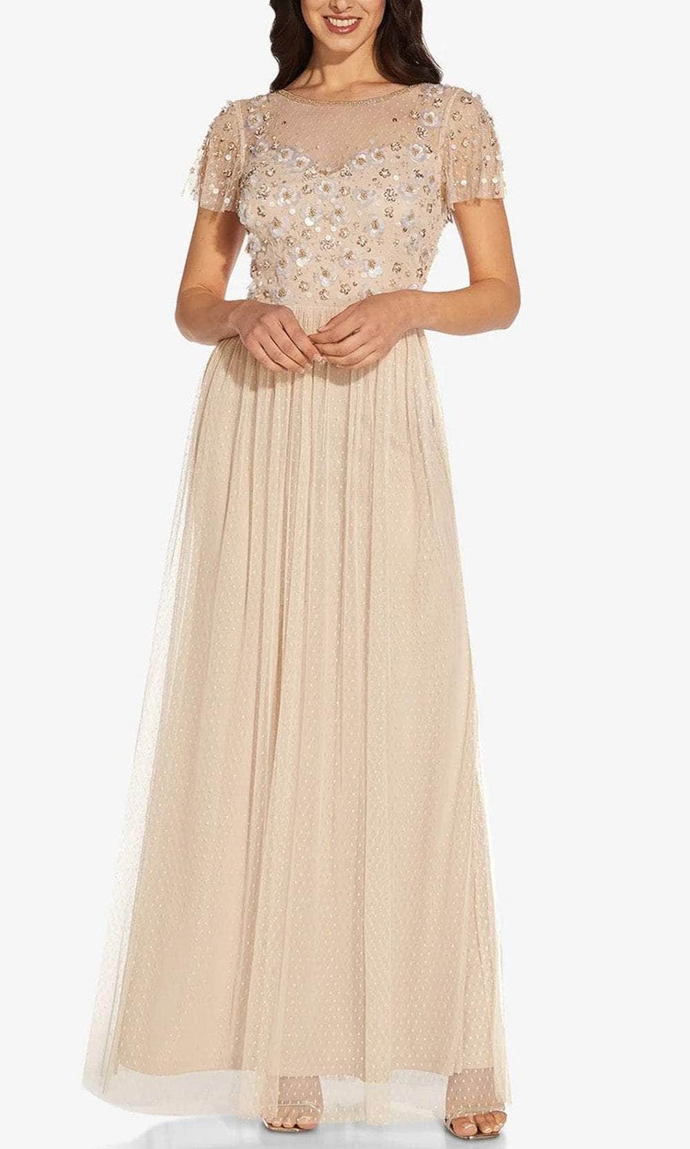 Adrianna Papell AP1E209769 - Long Mesh A-Line Dress - Short Flutter Sleeve, Illusion Bodice, Flora Sequin, Lace, Beaded, Scoop Back, Full Length ADASA Adrianna Papell AP1E209769 - Long Mesh A-Line Dress - Short Flutter Sleeve, Illusion Bodice, Flora Sequin, Lace, Beaded, Scoop Back, Full Length ADASA