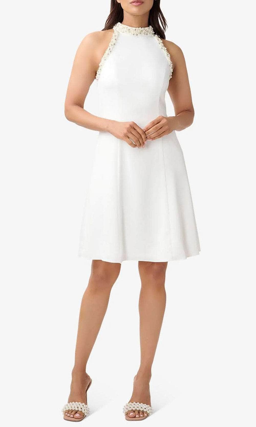 Adrianna Papell AP1E210214 - Short Woven Satin Crepe A-Line Dress - Sleeveless, Cut-In Shoulders, Beaded Trim, Princess Seam, Lined ADASA Adrianna Papell AP1E210214 - Short Woven Satin Crepe A-Line Dress - Sleeveless, Cut-In Shoulders, Beaded Trim, Princess Seam, Lined ADASA