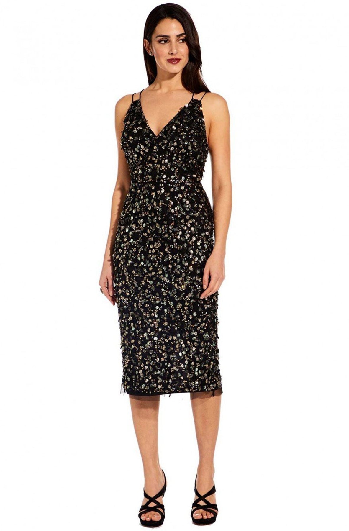 Adrianna Papell - AP1E205373 Embellished V-neck Fitted Dress In Black and Multi-Color