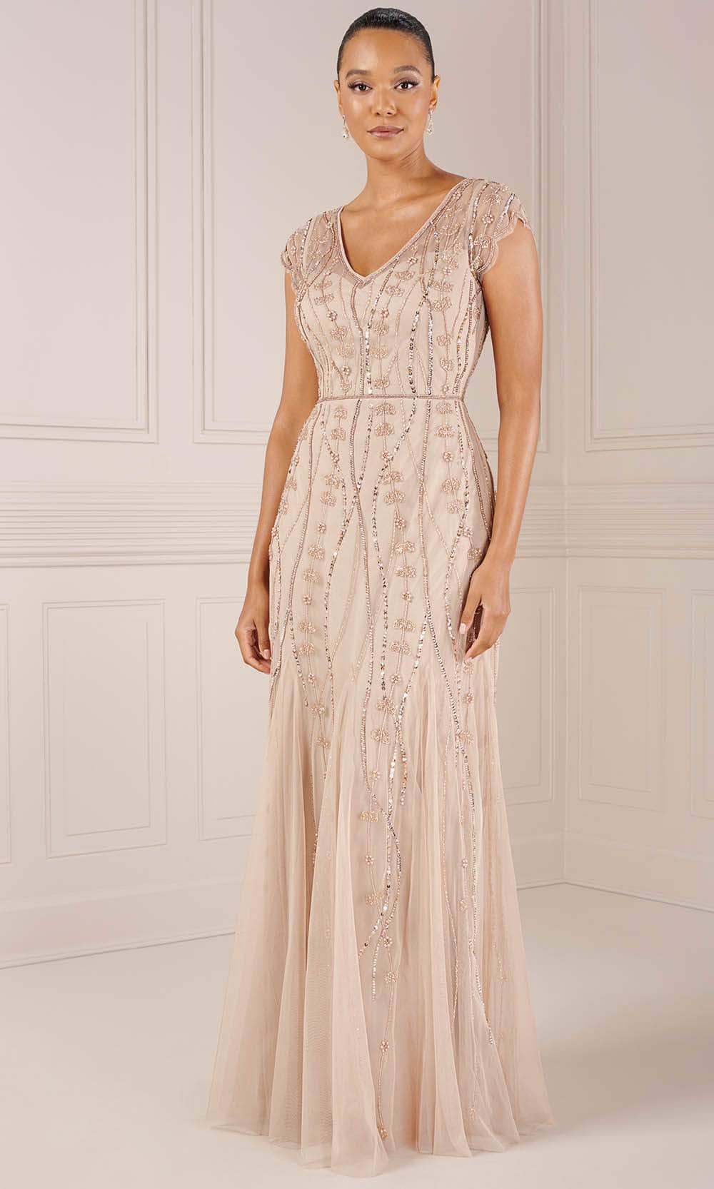 Adrianna Papell Platinum 40442 - Long Beaded Mesh Trumpet Dress - Scallop Short Sleeves, Sequined and Bead Embellished, Full Back, Back Zipper Closure ADASA Adrianna Papell Platinum 40442 - Long Beaded Mesh Trumpet Dress - Scallop Short Sleeves, Sequined and Bead Embellished, Full Back, Back Zipper Closure ADASA