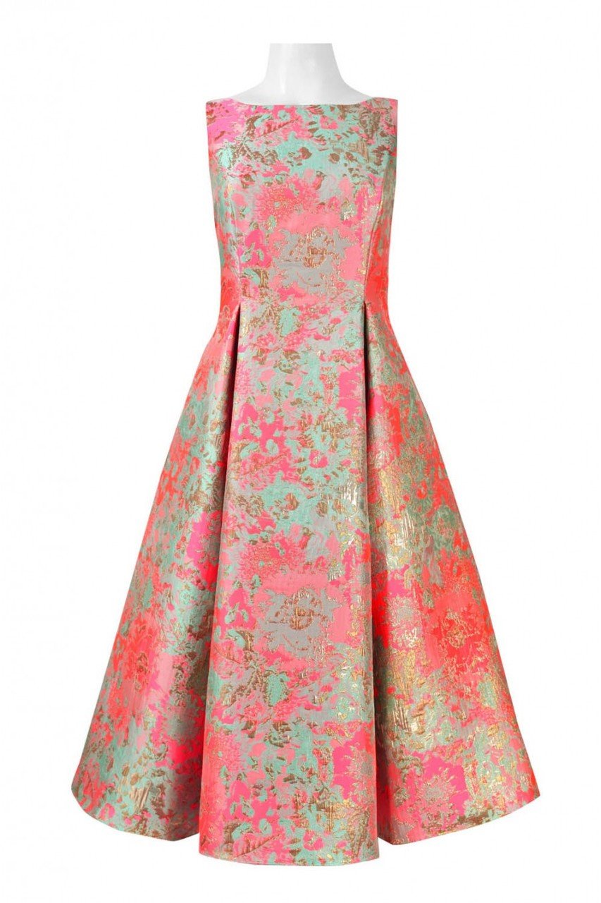 Adrianna Papell - 41926670 Metallic Jacquard Pleated Tea Length Dress in Pink and Multi-Color