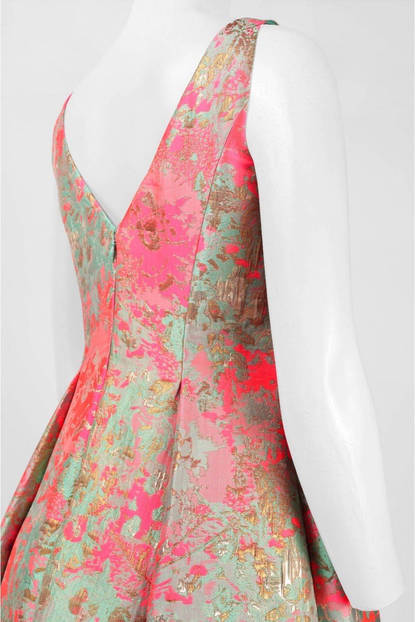 Adrianna Papell - 41926670 Metallic Jacquard Pleated Tea Length Dress in Pink and Multi-Color