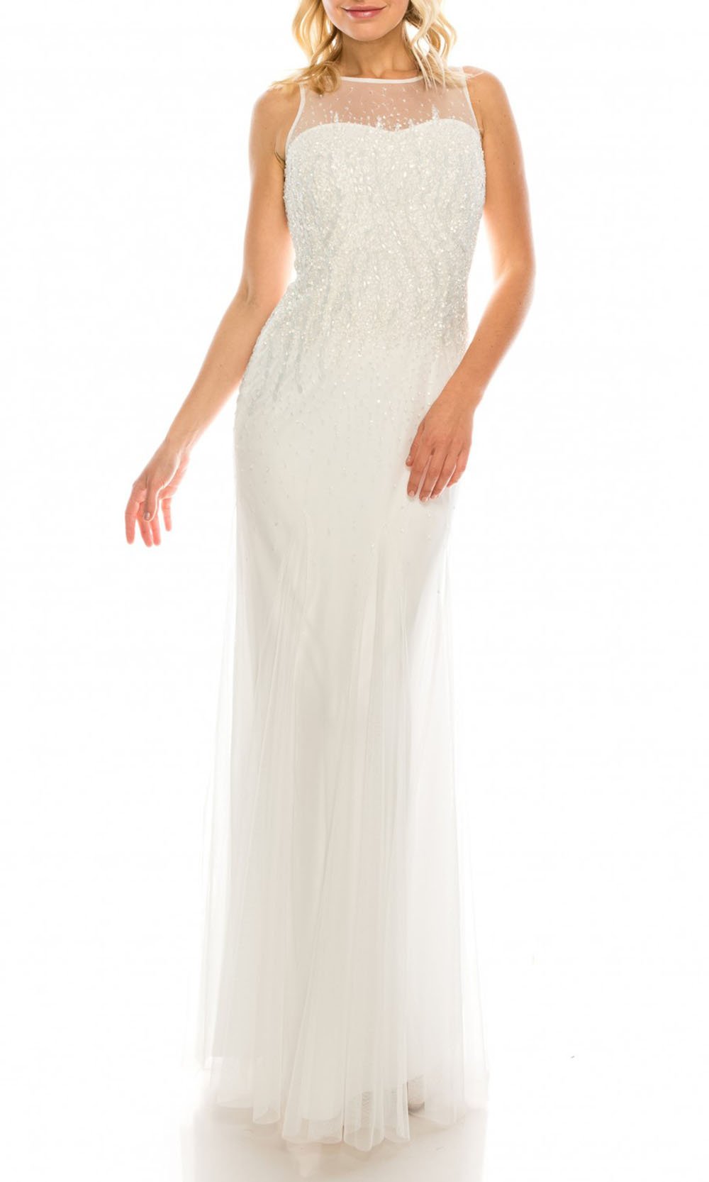 Adrianna Papell 91892190 - Long Beaded Mesh Sheath Dress - Sleeveless, Godet Skirt, Sweep Train, Hidden Side Zipper, Lined, Care: Spot Clean Only ADASA Adrianna Papell 91892190 - Long Beaded Mesh Sheath Dress - Sleeveless, Godet Skirt, Sweep Train, Hidden Side Zipper, Lined, Care: Spot Clean Only ADASA