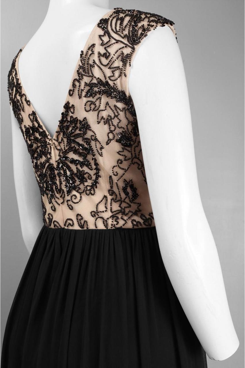 Adrianna Papell - 91899340 Beaded Cap Sleeves Chiffon Dress in Black and Neutral