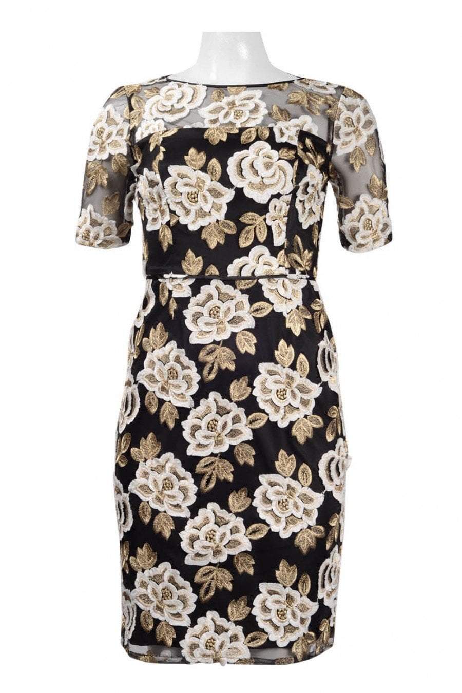 Adrianna Papell - AP1D101410 Floral Embroidered Illusion Bateau Dress In White and Gold