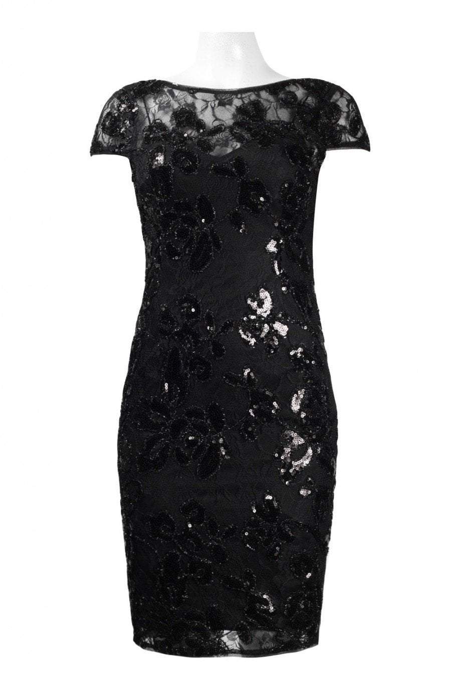 Adrianna Papell - AP1E201934 Embroidered Sequined Bateau Sheath Dress In Black