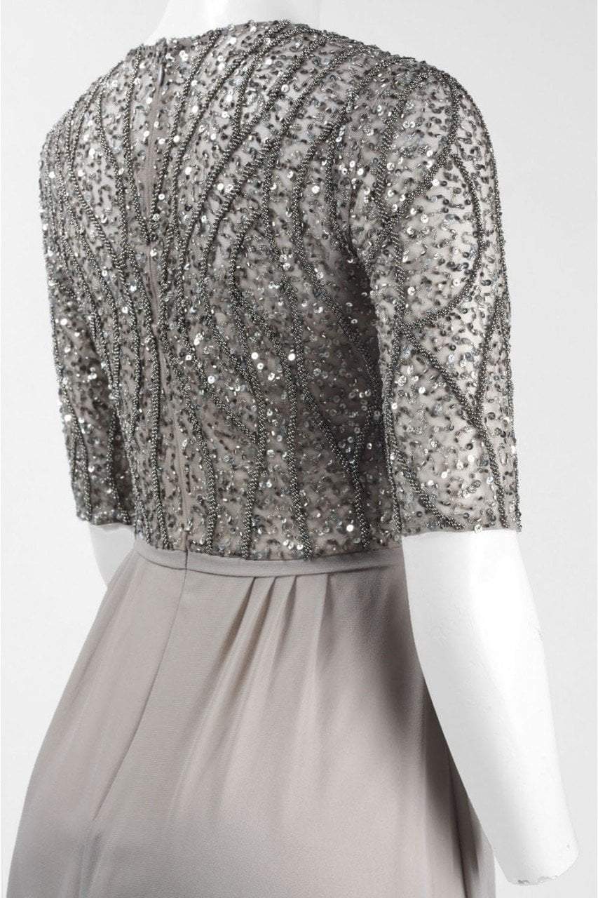 Adrianna Papell - AP1E202210 Elbow Sleeves Beaded Chiffon Gown in Silver