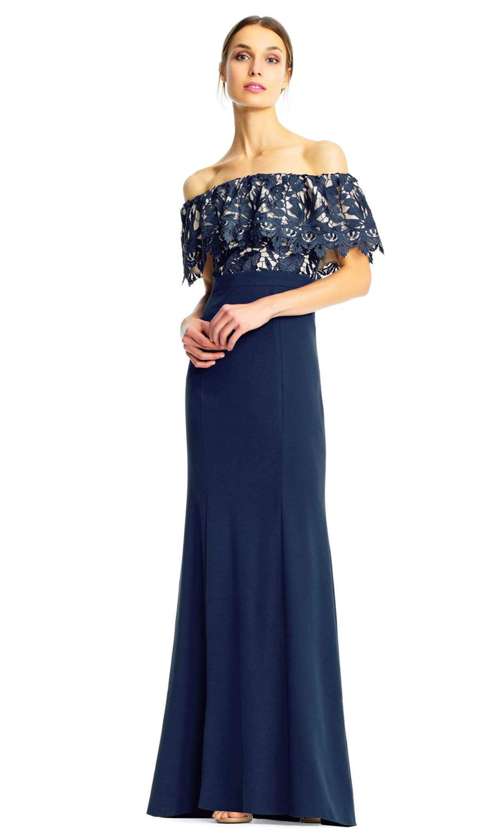 Aidan By Aidan Mattox Off-the-Shoulder Lace Popover Mermaid Gown, Blue, Women's, 2 Aidan By Aidan Mattox Off-the-Shoulder Lace Popover Mermaid Gown, Blue, Women's, 2