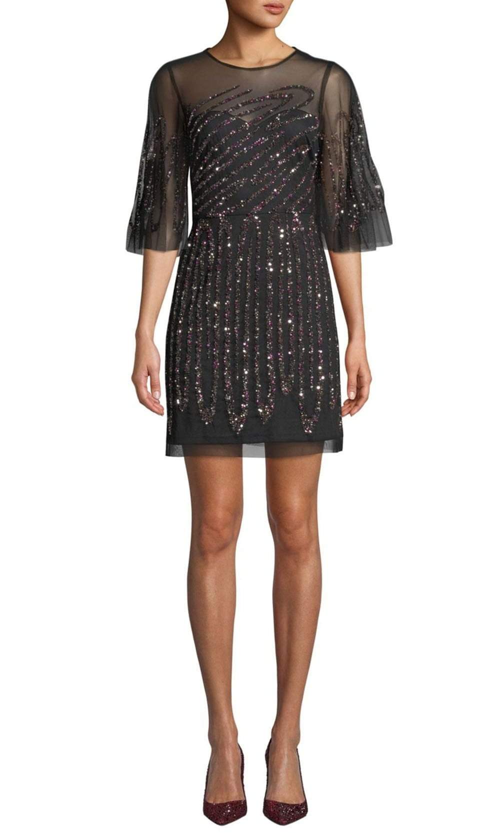 Aidan Mattox MD1E203114 - Short Mesh Sheath Dress - Mesh, Flutter Sleeves, Keyhole Back Cutout, Embellished ADASA Aidan Mattox MD1E203114 - Short Mesh Sheath Dress - Mesh, Flutter Sleeves, Keyhole Back Cutout, Embellished ADASA