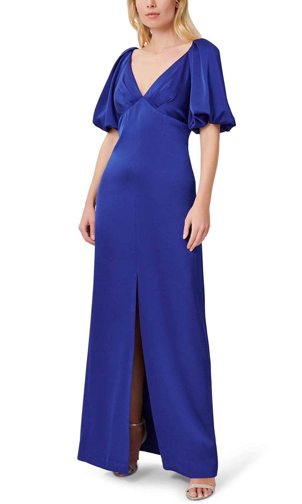 Aidan Mattox MD1E207009 - Long Satin A-Line Dress - Short Puffed Sleeve, Pleated, V-Back, Back Zipper, Front Slit, Full Length ADASA Aidan Mattox MD1E207009 - Long Satin A-Line Dress - Short Puffed Sleeve, Pleated, V-Back, Back Zipper, Front Slit, Full Length ADASA