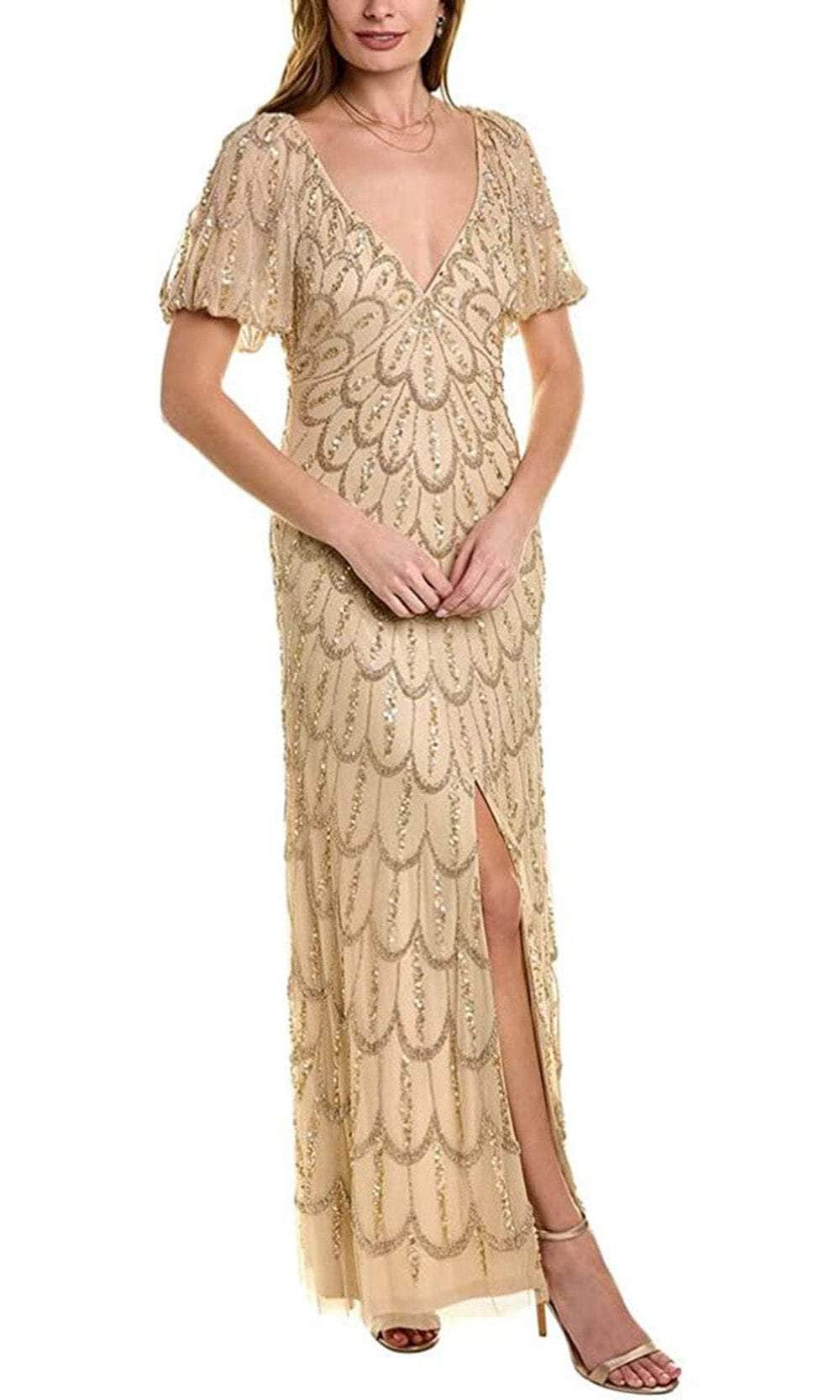Aidan Mattox MD1E207203 - Long Chiffon Column Dress - Short Puff Sleeves, Beaded, Feather Print Motif, Front Slit, Enclosed Back, Back Zipper, Lined ADASA Aidan Mattox MD1E207203 - Long Chiffon Column Dress - Short Puff Sleeves, Beaded, Feather Print Motif, Front Slit, Enclosed Back, Back Zipper, Lined ADASA