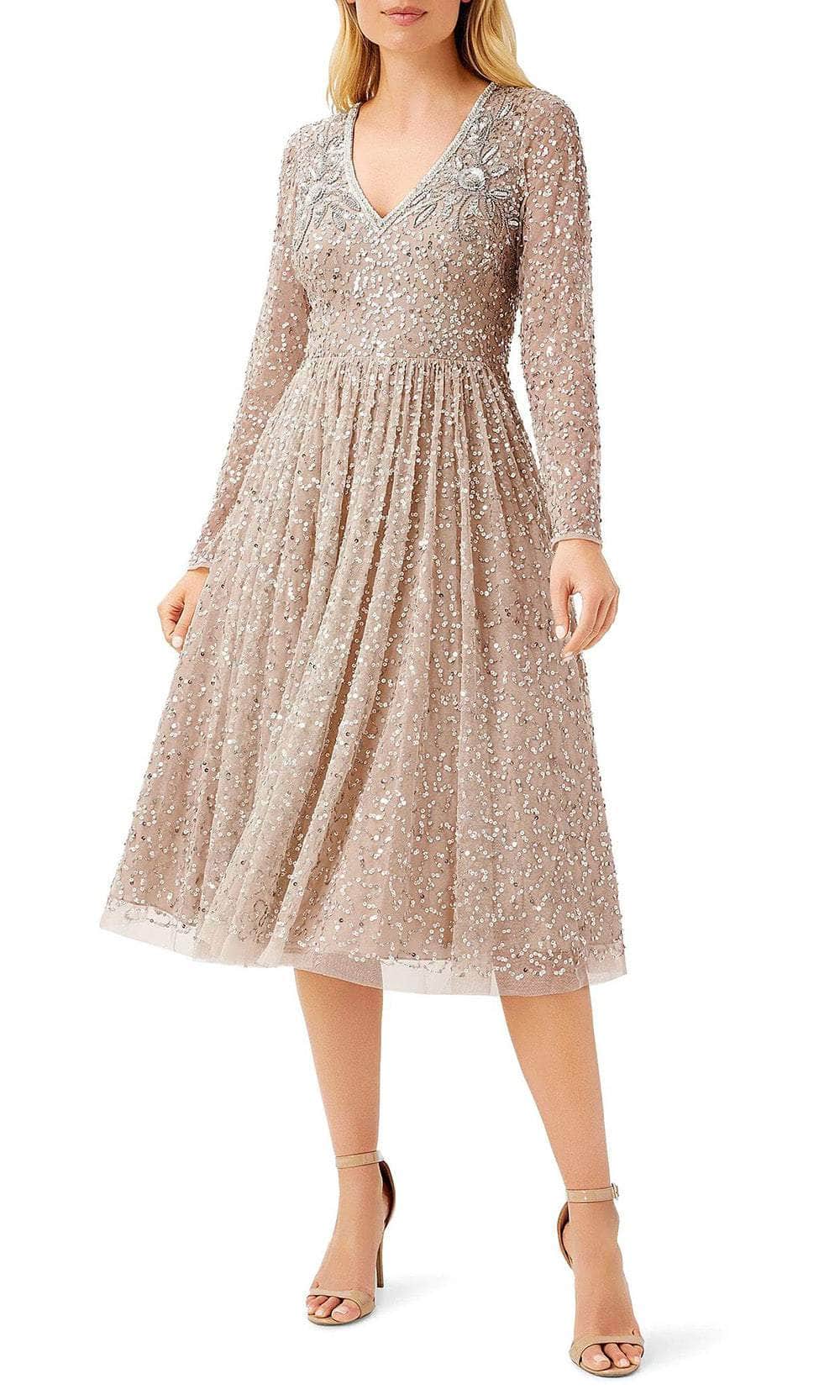 Aidan Mattox MD1E207535 - Beaded Tea-Length A-Line Dress Cocktail Dresses 0 / Champagne