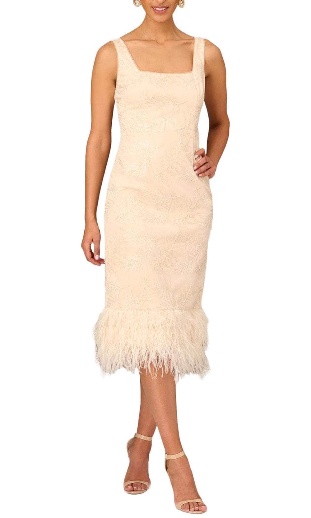 Aidan Mattox MD1E207643 - Tea-Length Mesh Sheath Dress - Sleeveless, Wide Strap, Embroidered Beaded, Mid-Open Back, Feather Hem, Back Slit, Fitted ADASA Aidan Mattox MD1E207643 - Tea-Length Mesh Sheath Dress - Sleeveless, Wide Strap, Embroidered Beaded, Mid-Open Back, Feather Hem, Back Slit, Fitted ADASA