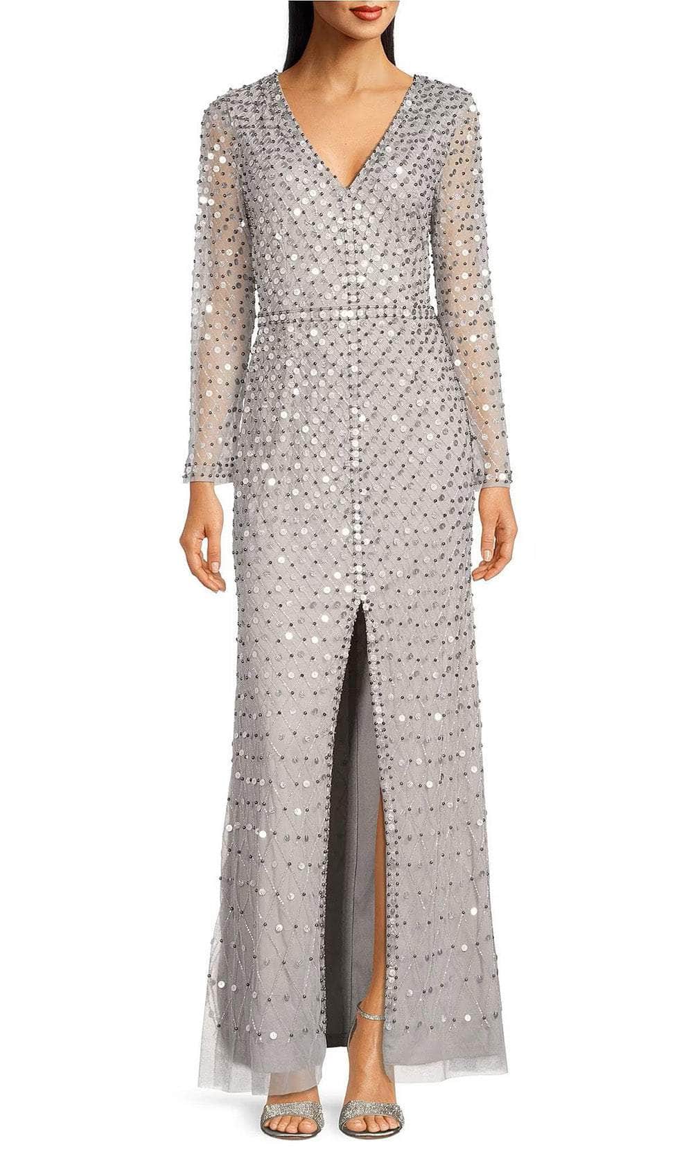 Aidan Mattox MD1E207720 - Long Mesh Sheath Dress - Long Sleeves, Bead Embellished, Front Slit, Back Zipper Closure, Lined ADASA Aidan Mattox MD1E207720 - Long Mesh Sheath Dress - Long Sleeves, Bead Embellished, Front Slit, Back Zipper Closure, Lined ADASA