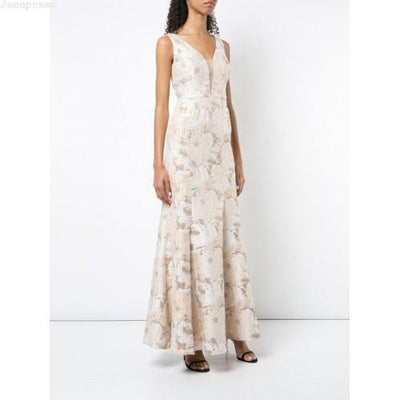 Aidan Mattox - MD1E202493 Floral Metallic Jacquard Deep V-neck Dress In White and Gold
