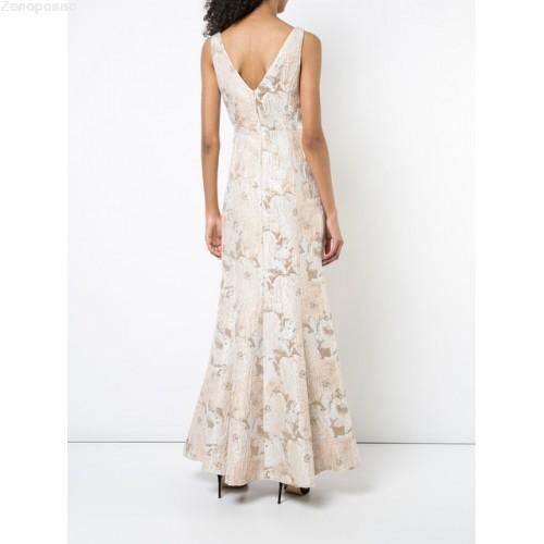 Aidan Mattox - MD1E202493 Floral Metallic Jacquard Deep V-neck Dress In White and Gold